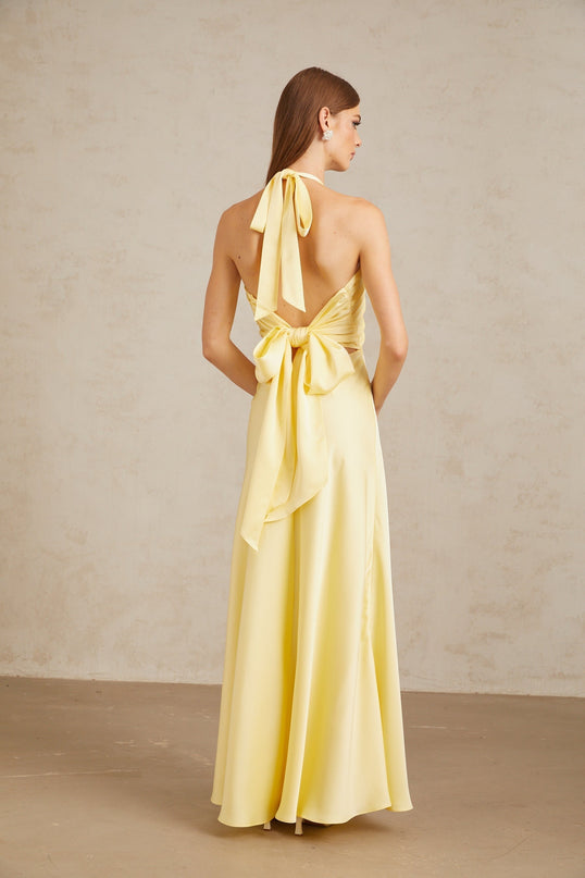Diana Maxi Dress Yellow Halterneck Sleeveless Open Back Ruched Flared Hem Terylene Fiber