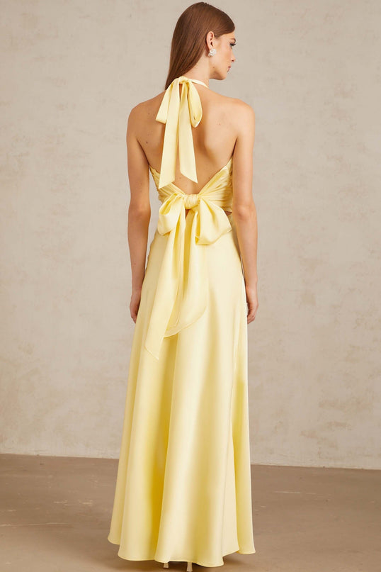 Diana Maxi Dress in Yellow Halterneck Sleeveless Open Back Self-Tie Cinched Waist Ruched Detailing Flared Hem 100% Terylene Fiber Elegant Statement Special Occasions Chic Daytime Event Luxurious Ensemble