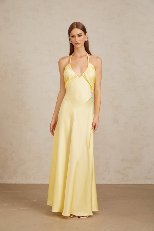 Diana Maxi Dress in Radiant Yellow Halterneck Sleeveless Open Back Self-Tie Cinched Waist Ruched Detailing Flared Hem 100% Terylene Fiber Elegant Special Occasions Chic Daytime Event Luxurious Ensemble