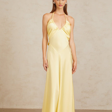 Diana Maxi Dress in Radiant Yellow Halterneck Sleeveless Open Back Self-Tie Cinched Waist Ruched Detailing Flared Hem 100% Terylene Fiber Statement of Refined Elegance Special Occasions Chic Daytime Event Luxurious Ensemble