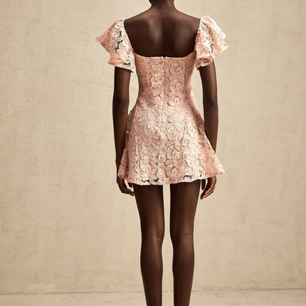 Diana Salmon Pink Lace Mini Dress Sweetheart Neckline Open Back Flutter Sleeve Flared Skirt Thigh Length Elegant Sophisticated Special Occasion Evening Out Modern Woman Fashion Enthusiast