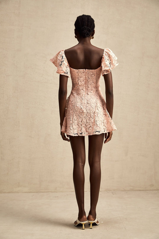 Diana Salmon Pink Lace Mini Dress Sweetheart Neckline Open Back Flutter Sleeve Flared Skirt Thigh Length Elegant Sophisticated Special Occasion Evening Out Modern Woman Fashion Enthusiast