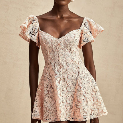 Diana Salmon Pink Lace Mini Dress Sweetheart Neckline Open Back Flutter Sleeves Flared Skirt Thigh Length