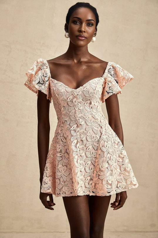 Diana Salmon Pink Lace Mini Dress Sweetheart Neckline Open Back Flutter Sleeves Flared Skirt Thigh Length