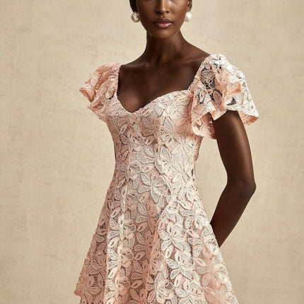 Diana Salmon Pink Lace Mini Dress with Sweetheart Neckline and Open Back