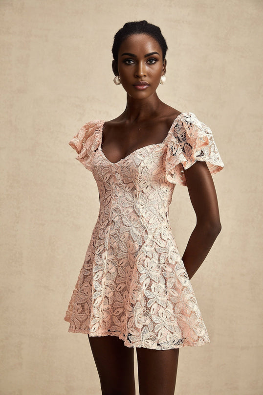 Diana Salmon Pink Lace Mini Dress with Sweetheart Neckline and Open Back
