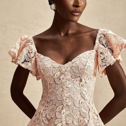 Diana Salmon Pink Lace Mini Dress Flared Skirt Sweetheart Neckline Open Back Flutter Sleeves