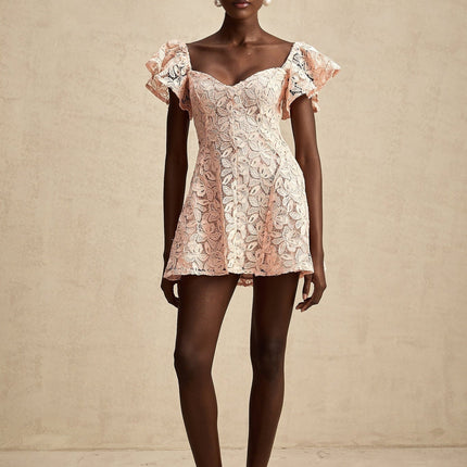 Diana Salmon Pink Lace Mini Dress Sweetheart Neckline Open Back Flutter Sleeves Flared Skirt Thigh Length Zip Fastening