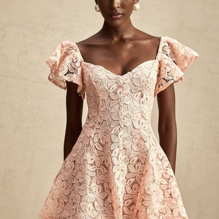 Diana Salmon Pink Lace Mini Dress Sweetheart Neckline Open Back Flutter Sleeves Flared Skirt Thigh Length
