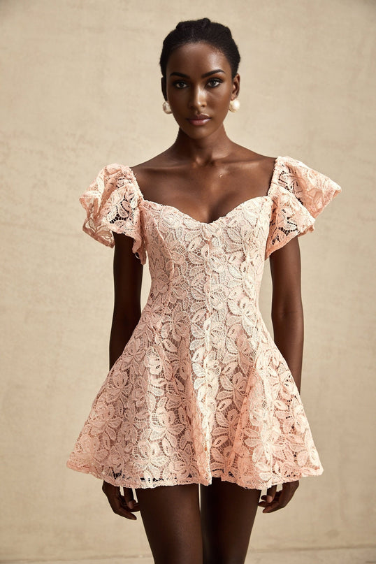 Diana Salmon Pink Lace Mini Dress Sweetheart Neckline Open Back Flutter Sleeves Flared Skirt Thigh Length