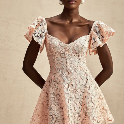 Diana Salmon Pink Lace Mini Dress Flutter Sleeve Sweetheart Neckline Open Back Elegant Sophisticated Flared Skirt Thigh Length Special Occasion Evening Out Modern Woman Fashion Enthusiast