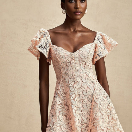 Diana Salmon Pink Lace Mini Dress Sweetheart Neckline Flutter Sleeve Open Back Flared Skirt Thigh Length
