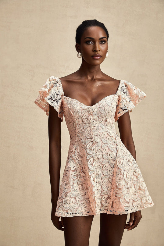 Diana Salmon Pink Lace Mini Dress Sweetheart Neckline Flutter Sleeve Open Back Flared Skirt Thigh Length
