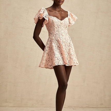 Diana Salmon Pink Lace Mini Dress Sweetheart Neckline Open Back Flutter Sleeves Flared Skirt Thigh Length Elegant Sophisticated Special Occasions Evening Wear Modern Woman Terylene Cotton Viscose Nylon