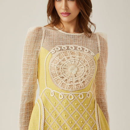 Diana Yellow Faux-Pearl Embellished Mini Dress with Long Sleeves and A-Line Silhouette