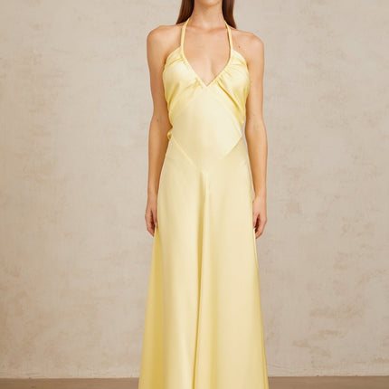 Diana Yellow Maxi Dress Halterneck Sleeveless Open Back Self-Tie Cinched Waist Ruched Detailing Flared Hem 100% Terylene Fiber Elegant Special Occasion Chic Daytime Event Luxurious Ensemble