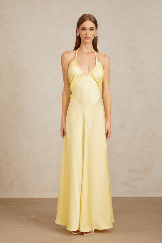 Diana Yellow Maxi Dress Halterneck Sleeveless Open Back Self-Tie Cinched Waist Ruched Detailing Flared Hem 100% Terylene Fiber Elegant Special Occasion Chic Daytime Event Luxurious Ensemble