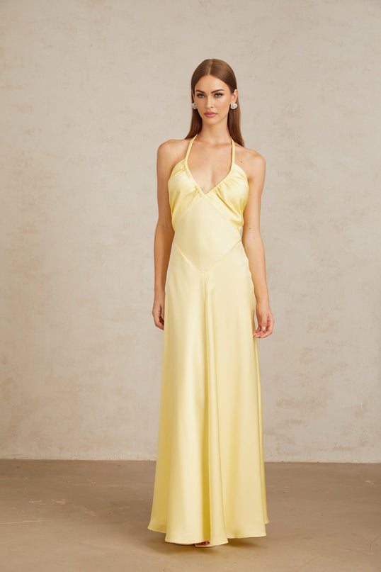 Diana Yellow Maxi Dress Halterneck Sleeveless Open Back Self-Tie Cinched Waist Ruched Detailing Flared Hem 100% Terylene Fiber Elegant Special Occasions Chic Daytime Event Luxurious Ensemble