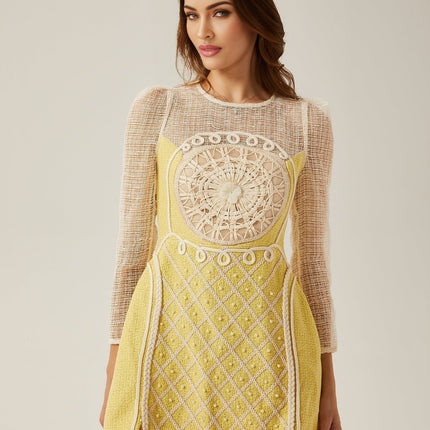 Diana Yellow Mini Dress with Faux-Pearl Embellishment and Braided Edge