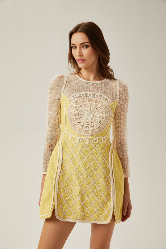 Diana Yellow Mini Dress with Faux-Pearl Embellishment and Braided Edge