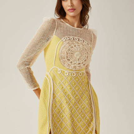 Diana Yellow Mini Dress Faux-Pearl Embellishment Long Sleeves Semi-Sheer A-Line Silhouette Rear Zip Fastening 100% Dacron