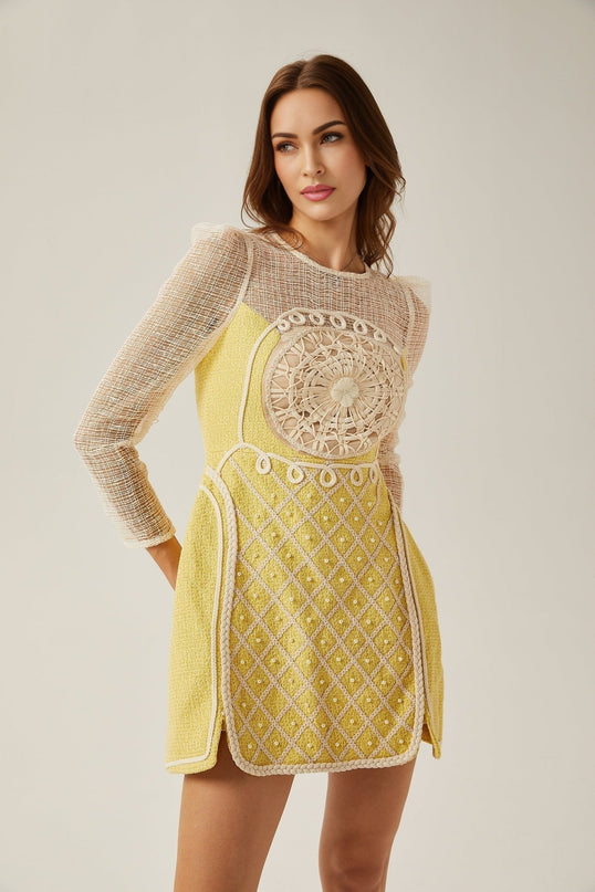 Diana Yellow Mini Dress Faux-Pearl Embellishment Long Sleeves Semi-Sheer A-Line Silhouette Rear Zip Fastening 100% Dacron