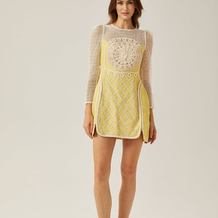 Diana Yellow Mini Dress with Faux-Pearl Embellishment and A-Line Silhouette