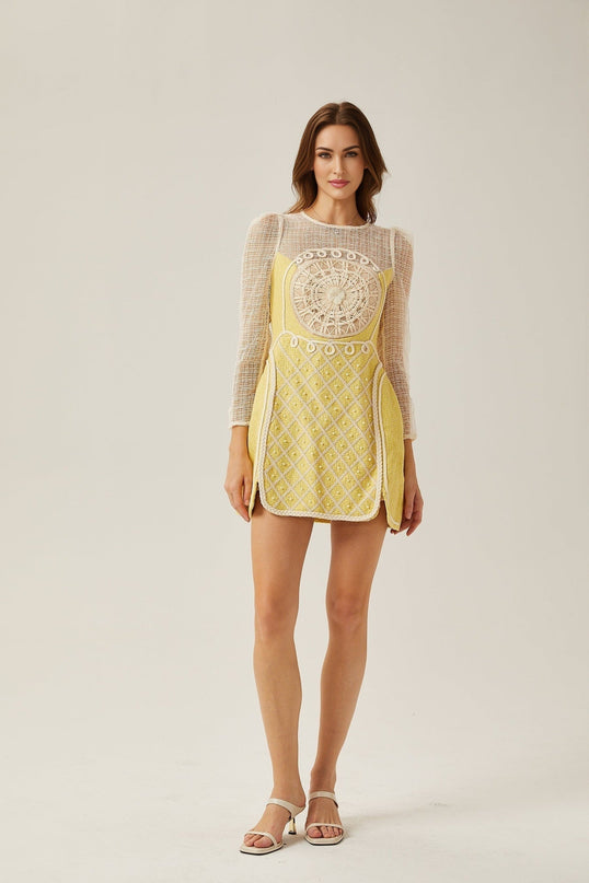 Diana Yellow Mini Dress with Faux-Pearl Embellishment and A-Line Silhouette