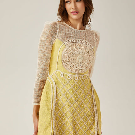 Diana Yellow Mini Dress with Faux-Pearl Embellishment and A-line Silhouette