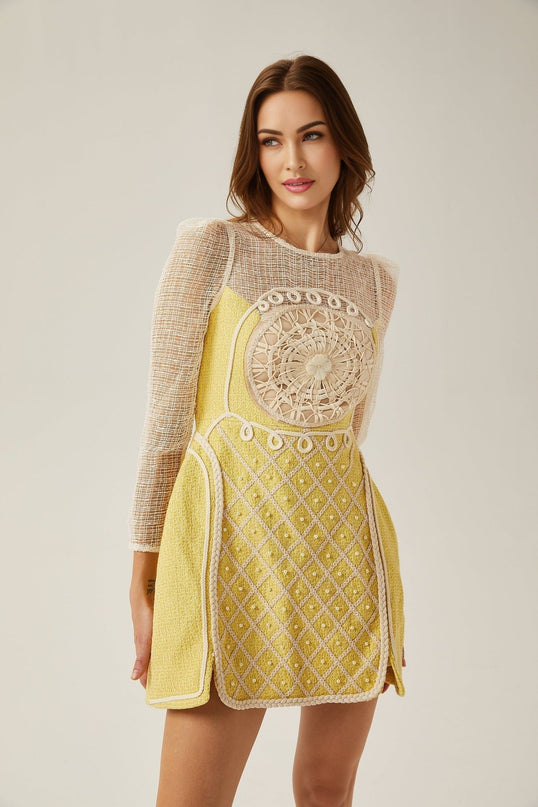 Diana Yellow Mini Dress with Faux-Pearl Embellishment and A-line Silhouette