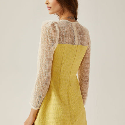Diana Yellow Mini Dress Faux-Pearl Embellishment Long Sleeves Semi-Sheer A-Line Silhouette Rear Zip Fastening Dacron
