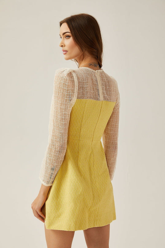 Diana Yellow Mini Dress Faux-Pearl Embellishment Long Sleeves Semi-Sheer A-Line Silhouette Rear Zip Fastening Dacron