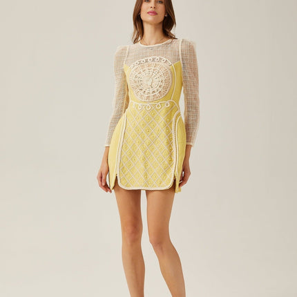 Diana Yellow Mini Dress faux-pearl embellishment round neck long sleeves Semi-sheer braided edge A-line silhouette rear zip fastening 100% Dacron