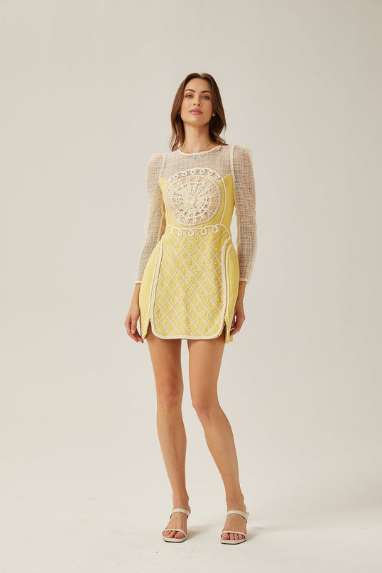 Diana Yellow Mini Dress faux-pearl embellishment round neck long sleeves Semi-sheer braided edge A-line silhouette rear zip fastening 100% Dacron