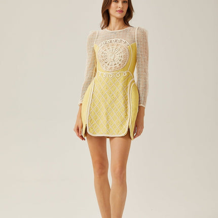 Diana Yellow Pearl Embellished Mini Dress with Braided Edge and A-Line Silhouette