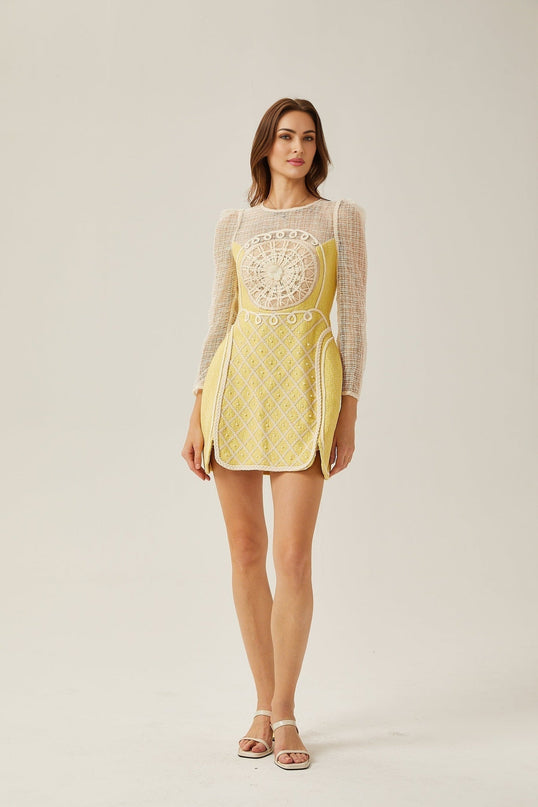 Diana Yellow Pearl Embellished Mini Dress with Braided Edge and A-Line Silhouette