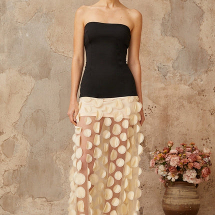 Diletta Black Maxi Dress with Tulle Paneling and 3D-Polka-Dot Detailing