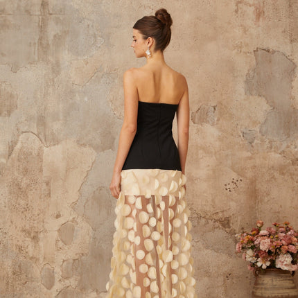Diletta Black Tulle Paneling Maxi Dress with 3D-Polka-Dot Detailing