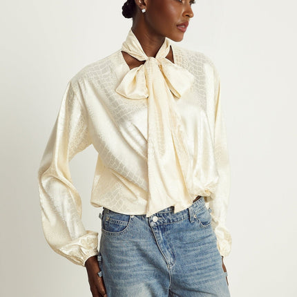 Diletta Blouse Neutrals Crocodile Effect Print V-Neck Ribbon Semi-Sheer Long Sleeve