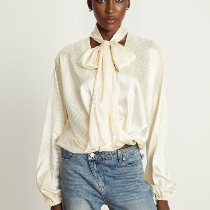 Diletta Blouse Neutrals Crocodile Effect Print V-Neck Ribbon Semi-Sheer