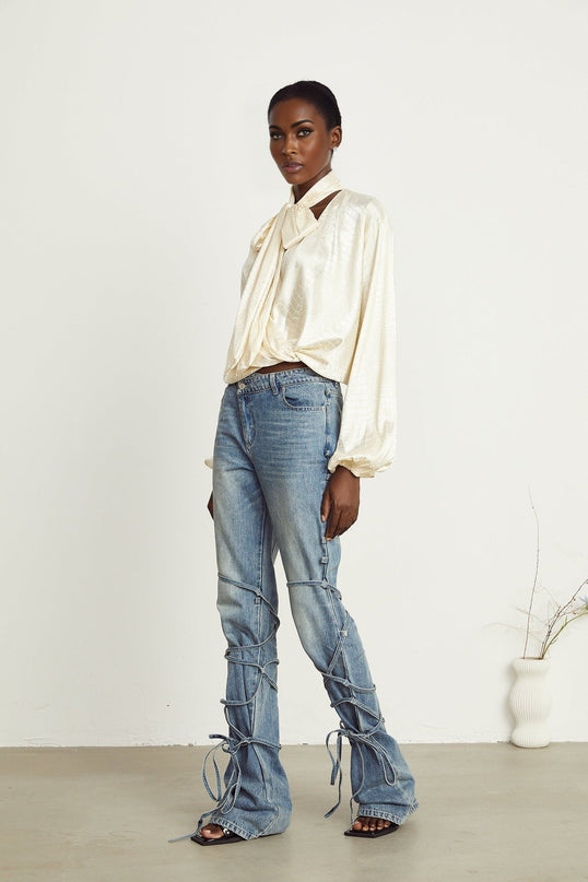 Diletta Blouse Neutrals Crocodile Effect V-Neck Ribbon Semi-Sheer Draped Design