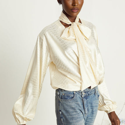 Diletta Blouse Neutrals Crocodile Effect V-Neck Ribbon Semi-Sheer Draped
