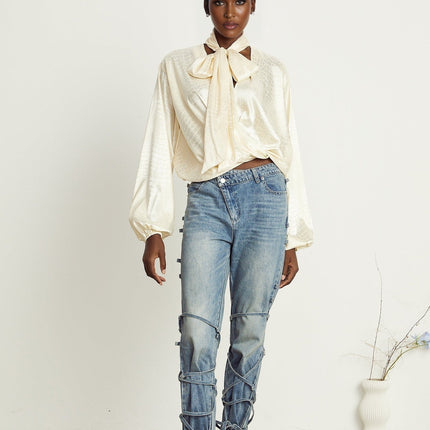 Diletta Blouse Neutrals Crocodile Effect Semi-Sheer V-Neck Ribbon Long Sleeve