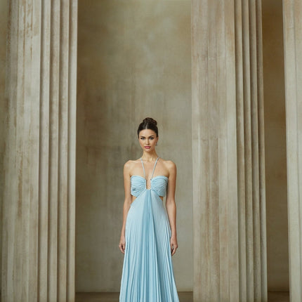 Diletta Blue Maxi Dress with Halterneck and Cut-Out Design in Terylene Fiber