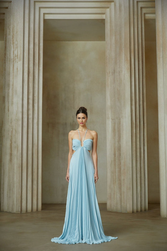 Diletta Blue Maxi Dress with Halterneck and Cut-Out Design in Terylene Fiber