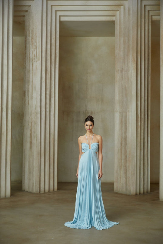 Diletta Blue Maxi Dress with Halterneck and Cut-Out Design in Terylene Fiber