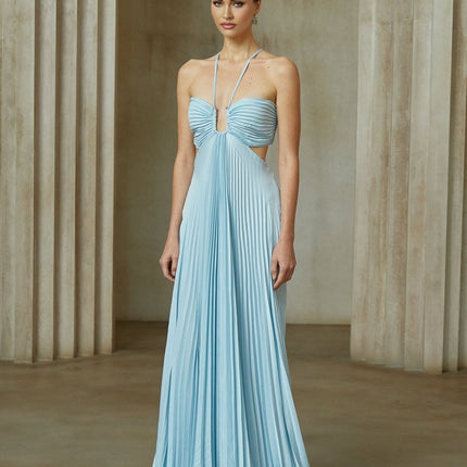 Diletta Blue Maxi Dress Halterneck Spaghetti Straps Cut-Out Design Bustier Pleated Silhouette Train Side Zip Fastening Terylene Fiber