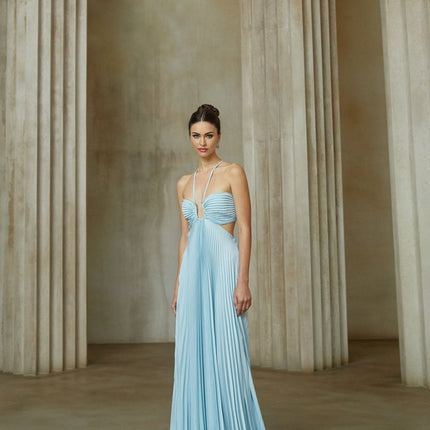 Diletta Blue Maxi Dress Halterneck Spaghetti Straps Cut-Out Design Bustier Style Pleated Silhouette Train Side Zip Fastening Floor-Length Gown Terylene Fiber