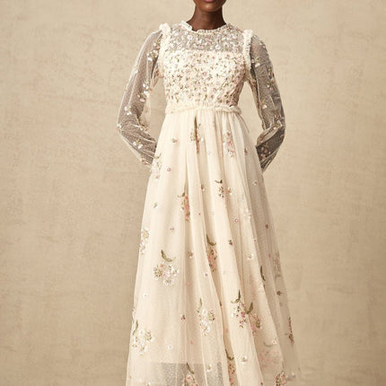 Diletta Floral Embroidery Midi Dress in Neutrals Sequin Embellished Tulle Frilled Neck Puff Sleeves Ruffle Detailing Pleated Design Layered Skirt Ankle Length Rear Zip Fastening 100% Terylene