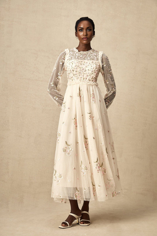 Diletta Floral Embroidery Midi Dress in Neutrals Sequin Embellished Tulle Frilled Neck Puff Sleeves Ruffle Detailing Pleated Design Layered Skirt Ankle Length Rear Zip Fastening 100% Terylene
